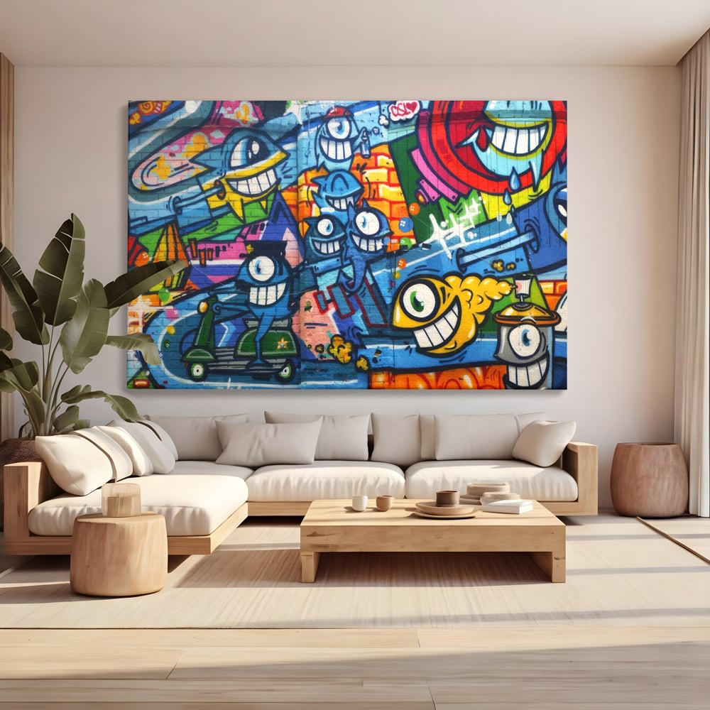 Tablou canvas cu tablou canvas cu graffiti urban si personaje, fara rama, pe sasiu de lemn, pe perete intr-un living